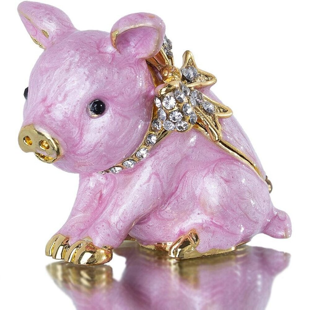 Pink Pig Trinket Jewelry Box Gold‎ and Rhinestones Cloisonne